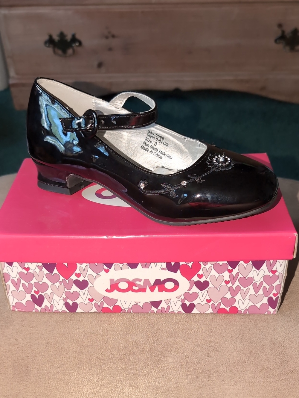 Josmo Black Patent Mary Jane with Floral Accent